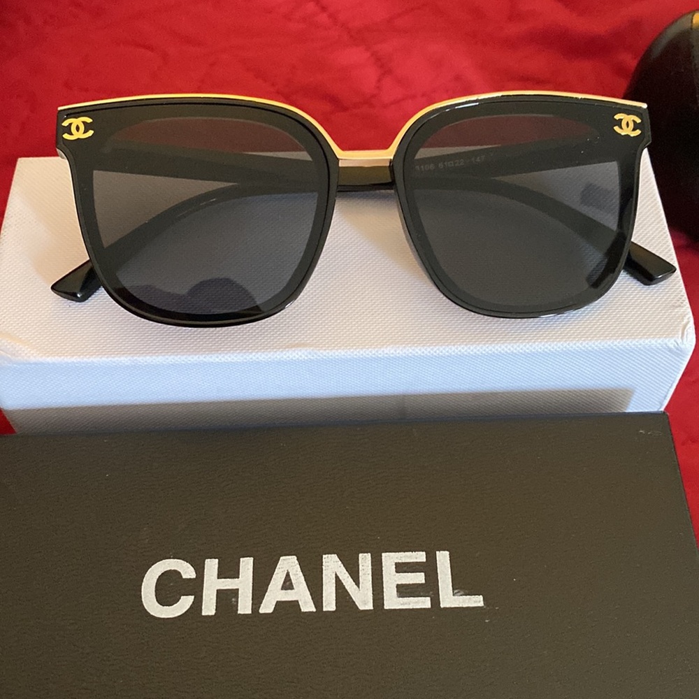 Chanel sunglasses black and gold trim